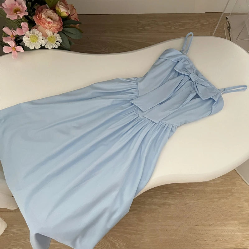 Aiertu Japanese Midi Dress Women Casual Sweet Elegant Strap Blue Bow Strapless Dress Beach Style One Piece Dress Korean 2024 Summer Aiertu