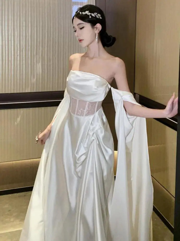Aiertu Retro White Lace High Waist Off Shoulder Strapless Long Dress Women Sleeveless Backless Pleated Party Evening Dresses Summer New Aiertu