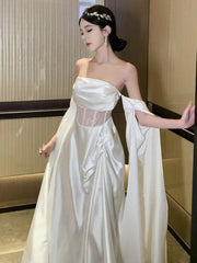 Aiertu Retro White Lace High Waist Off Shoulder Strapless Long Dress Women Sleeveless Backless Pleated Party Evening Dresses Summer New Aiertu