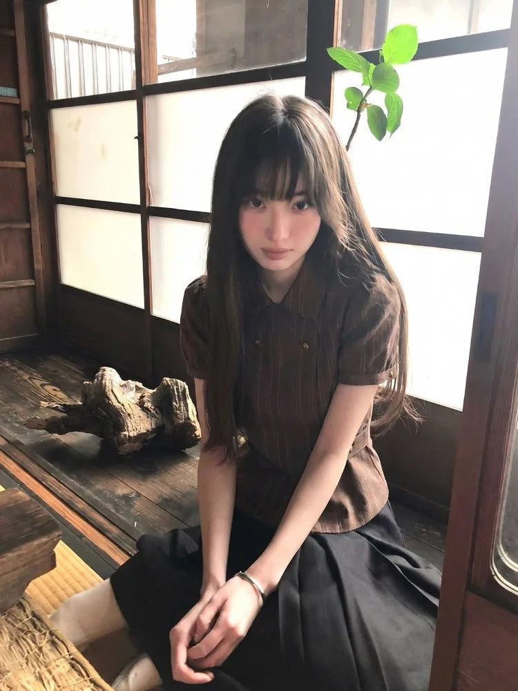 AIERTU  -  Shirts Women Vintage Striped Puff Short Sleeve Short Sleeve Elegant Sweet Tops Y2k Aesthetic Harajuku Blouse Female Aiertu
