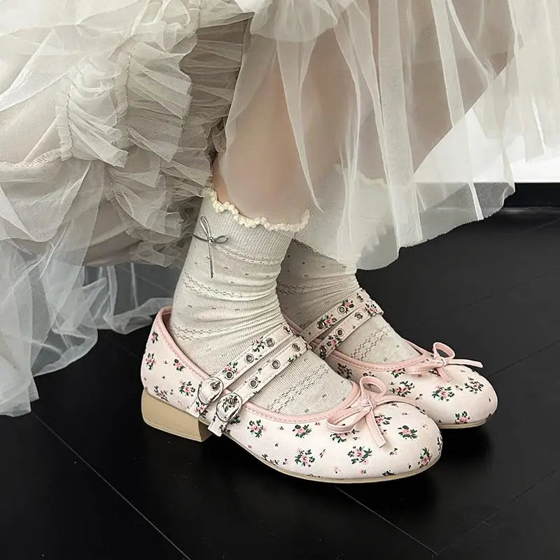 AIERTU  -  Pink Floral Pattern Low Heel Mary Jane Shoes Women Summer Comfort Silver Bowknot Ballet Flats Woman's Lolita Shoes Aiertu