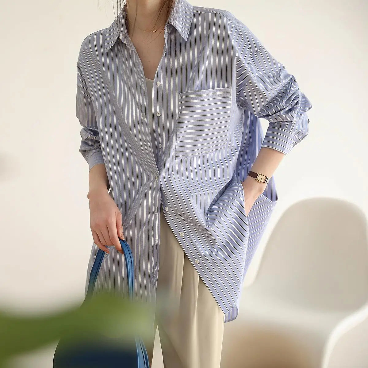 Aiertu Office Lady's Elegant Shirt Jacket Women's Loose Striped Long Sleeved Shirts And Blouses Summer Trend Korean Sweet Casual Top Aiertu