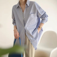 Aiertu Office Lady's Elegant Shirt Jacket Women's Loose Striped Long Sleeved Shirts And Blouses Summer Trend Korean Sweet Casual Top Aiertu