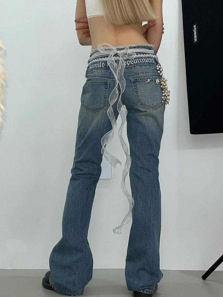 Korean Y2k Flare Jeans Women Low Waist Vintage Streetwear Letter Embroidery Lace Trim Denim Trousers Kpop 2000s Clothes Aiertu