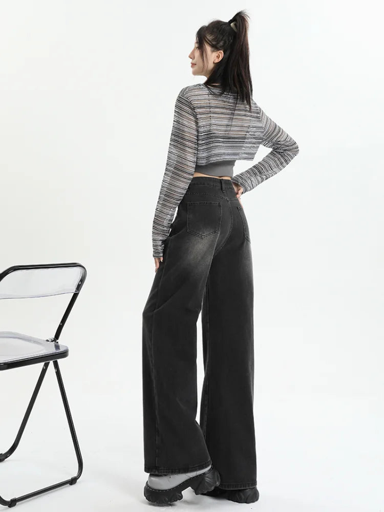 Aiertu Black Gray American Retro Jeans Wide Leg Baggy Pants Streetwear Trousers Y2k Fashion Spice Girls Denim Pants Straight Jeans aiertu