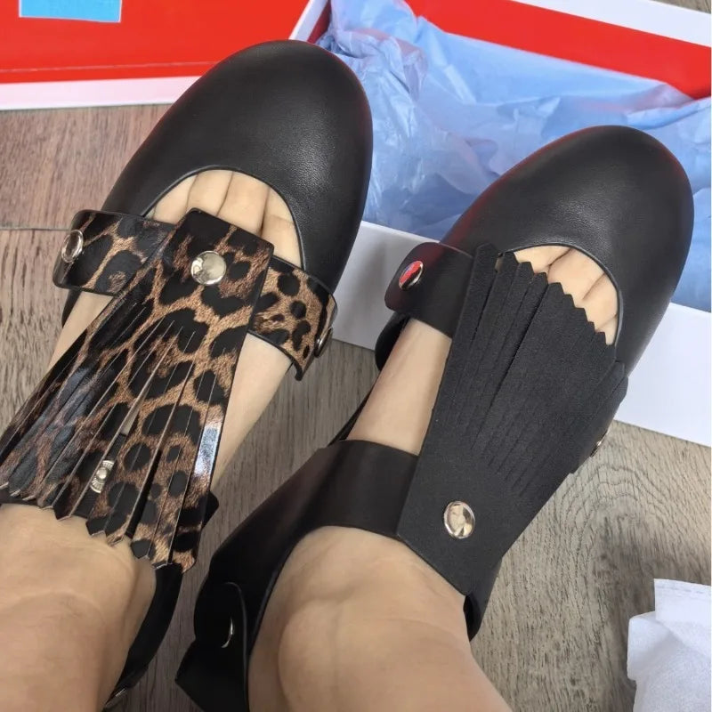 AIERTU  -  Tassel Metal Decoration Ballet Flats Women Round Toe Details Comfort College Mary Jane Shoes Leopard Print Retro Women's Shoes Aiertu
