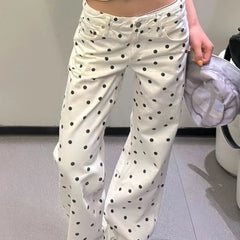 AIERTU  -  Women Polka Dot Jeans Low Rise Baggy Wide Leg White Y2K Vintage Retro Floor Length Pants Loose Straight Casual Street Style Aiertu