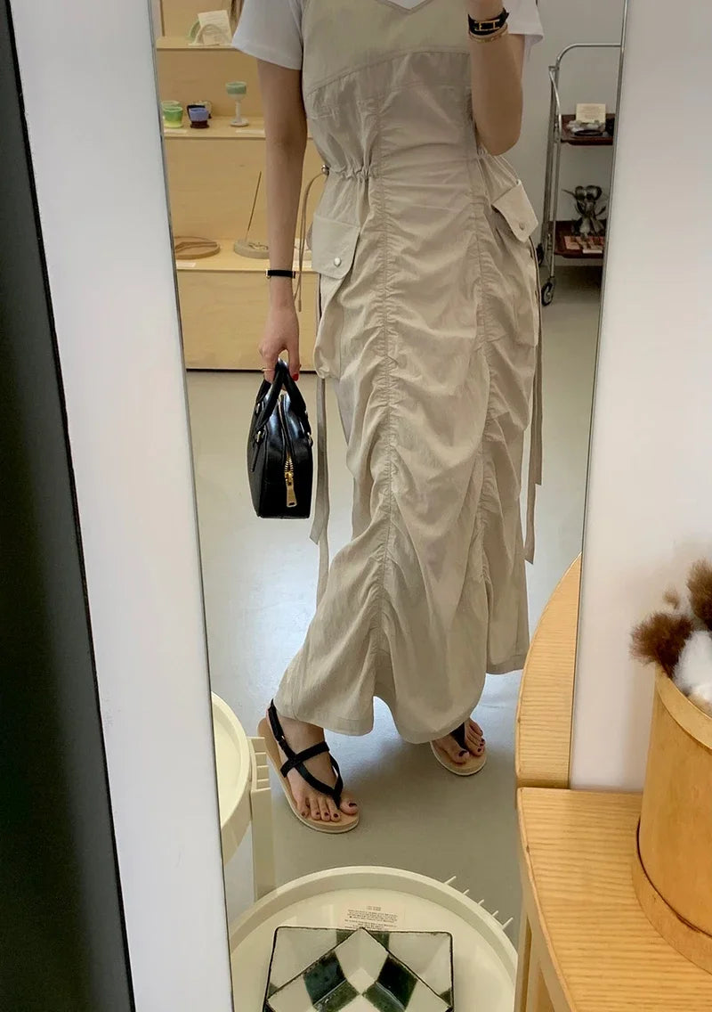 Aiertu Korean Fashion New Summer Dress Women Pleated Design Large Pockets Waisted Midi Dress Female Sleeveless Solid Black Long Dresses Aiertu