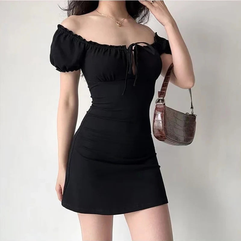 Aiertu DRESS TO IMPRESS Summer Sexy Mini Dress Women Short Sleeved Lace up Hollow Casual Backless Folds Bodycon Black Dress Party Elegant A-LINE Dresses aiertu