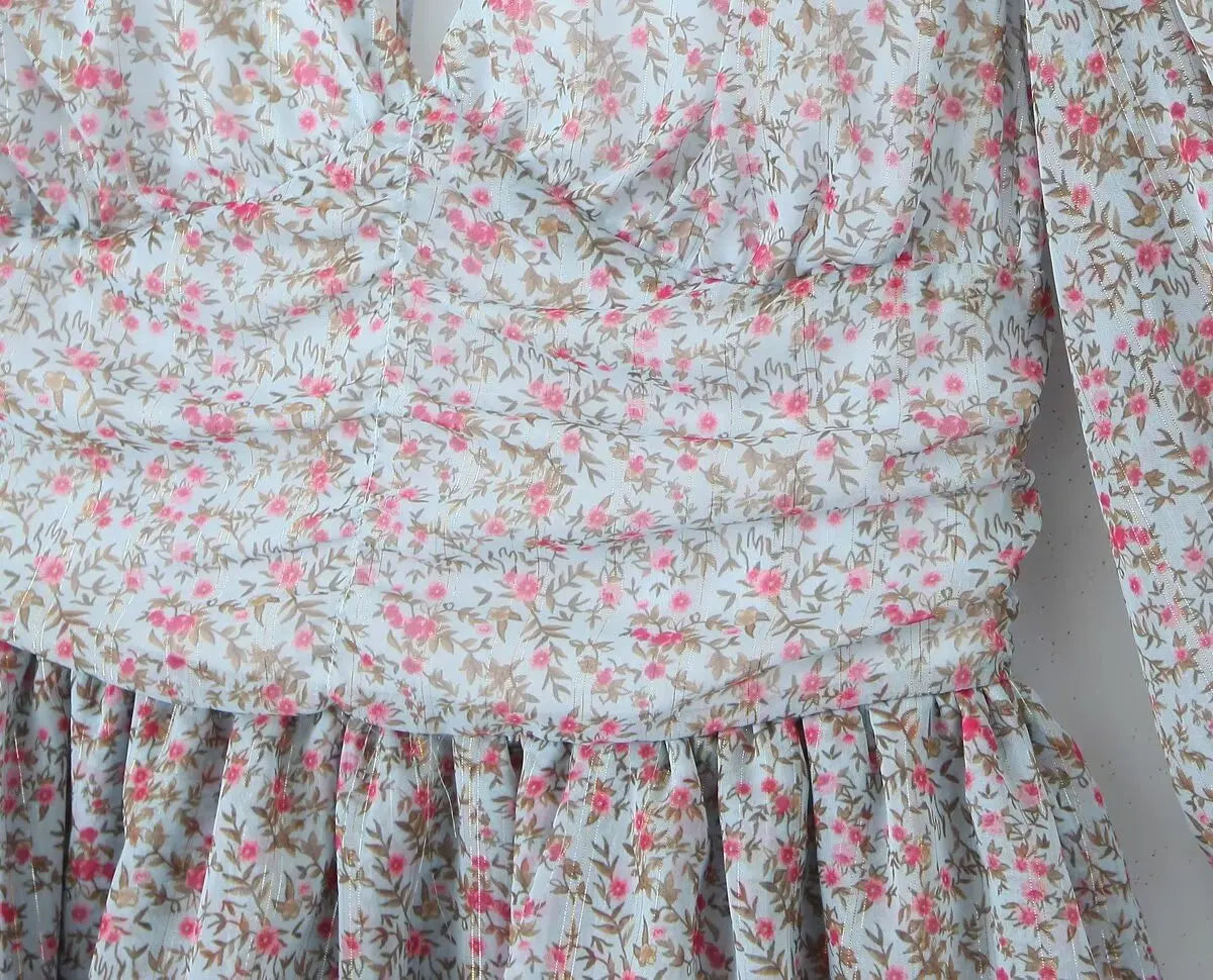Aiertu  Spring 2024 Women Sexy Backless Floral Print Dress Puff Sleeve V Neck Layered Ruffle Cake Mini Dresses Holiday Party Robe Aiertu