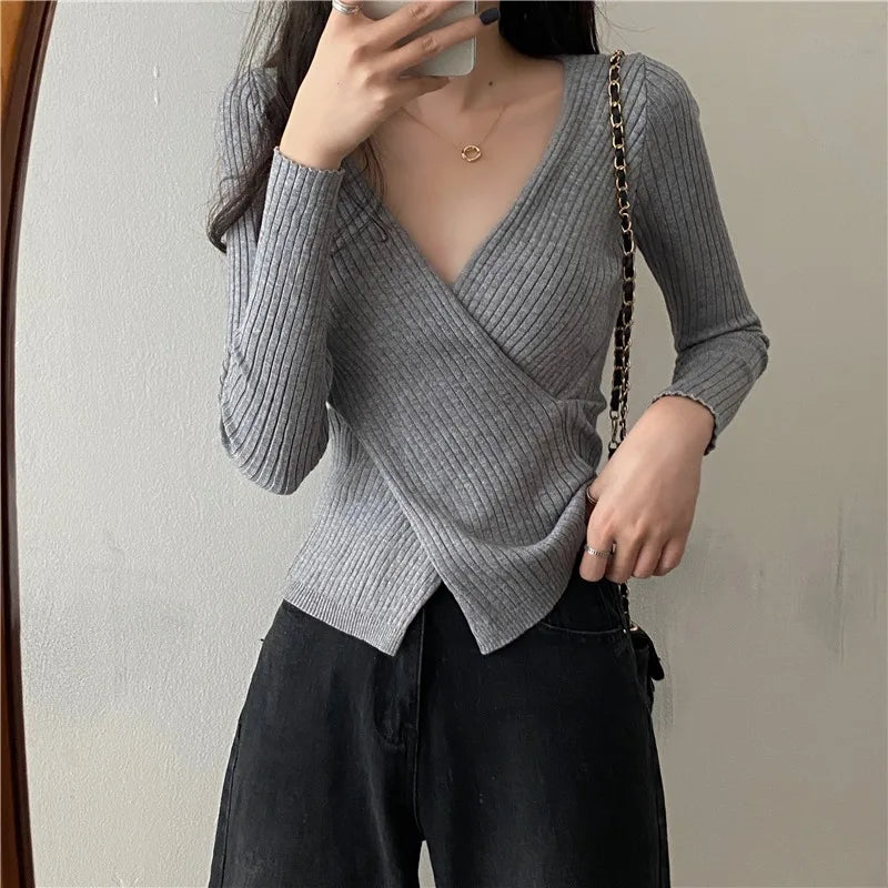 Autumn Winter Knitwear Tops Fashion Female Long Sleeve Skinny Elastic Casual V-neck Knitted Shirts Women Pullover Sweaters Aiertu