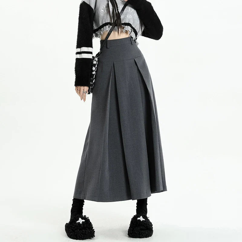Aiertu Vintage Grey Suit A-line Skirt Women's Spring Autumn College Style High Waist Pleated Mid Length Skirt Femal aiertu