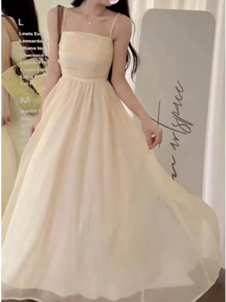 Aiertu Elegant and Chic Women Summer A-Line Dress Spaghetti Strap Vintage Solid Party Prom Robe Sleeveless Female Vestidos Lady Mujers Aiertu