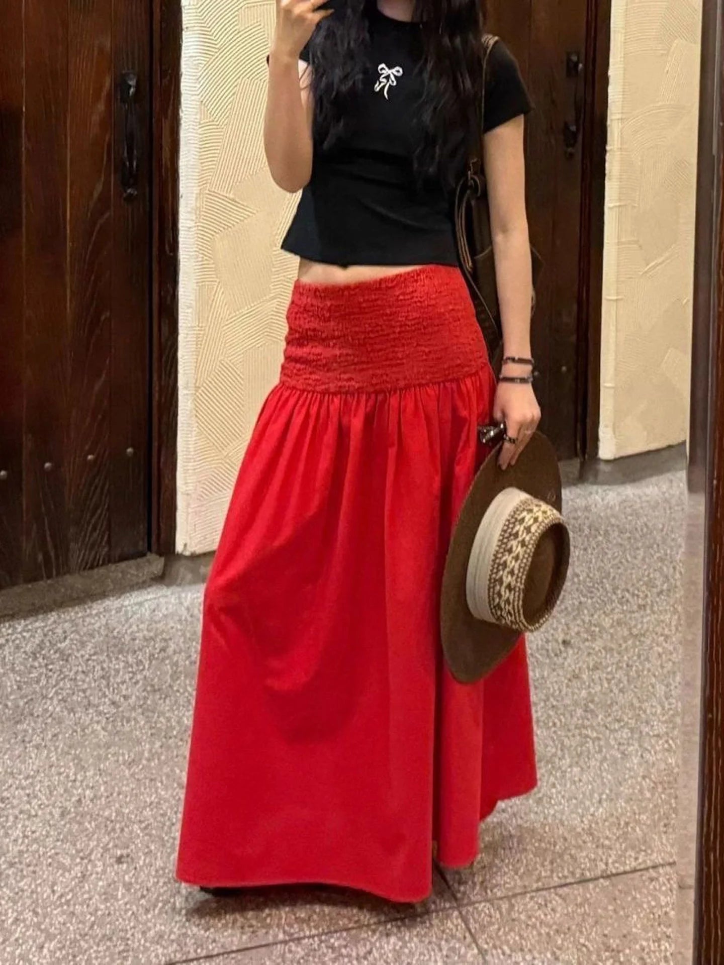 AIERTU  -  Red Oversized A-Line Skirt Women's Fashionable Loose Slimming Long Skirt Spring Autumn New Design Sensation Half-length Skirt Aiertu