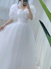 Aiertu White Elegant Sweet Princess Dress Women Bow Puff Sleeve Korean Kawaii Midi Dress Female Autumn Casual Evening Party Dress Aiertu