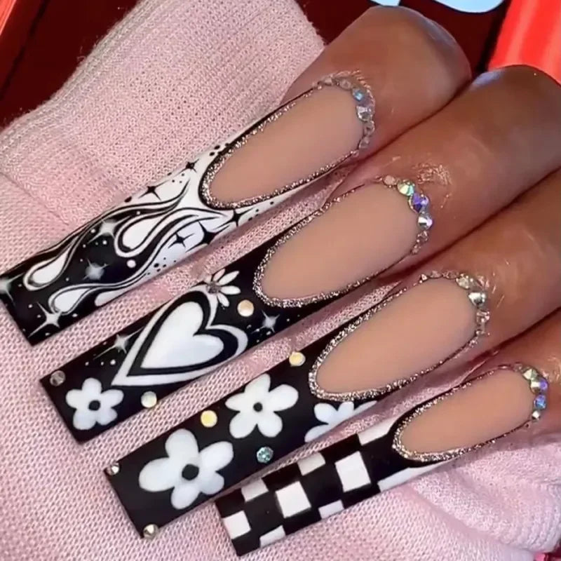 Aiertu 24pcs Artifical Bails With Glue Fake Nail Tips With Design Detachable Press On Nails Long Fake Nail Finished Nail Piece Sticker Aiertu
