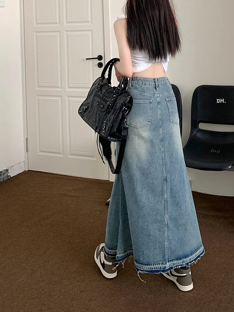 Aiertu Y2k Raw Edge Stitch Maxi Denim Skirt Plain Casual High Waist Long Jeans Skirt Korean Retro Women Streetwear Aiertu