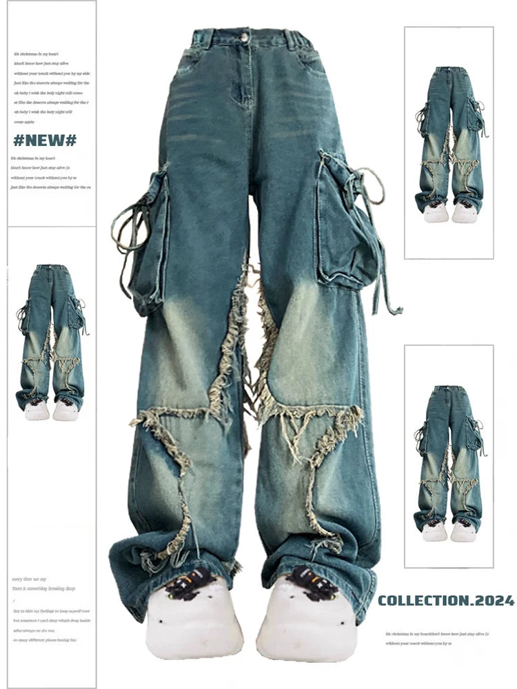 Aiertu Women Blue Cargo Jeans Baggy Vintage 90s Aesthetic High Waist Cowboy Pants Harajuku Denim Trousers Y2k Trashy 2000s Clothes 2024 Aiertu