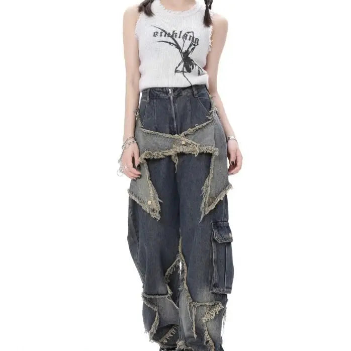 Aiertu  Vintage Women High Waist Jeans Streetwear Ripped Female Wide Leg Pant American Style Casual Tassel Straight Denim Trousers Aiertu