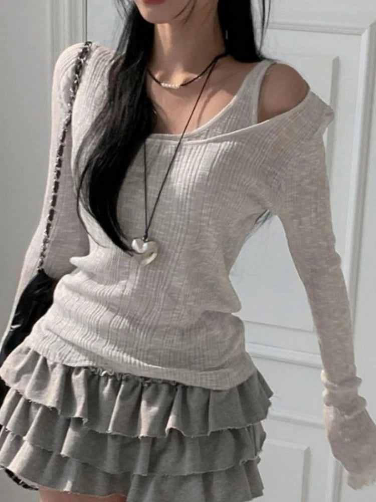 Aiertu Two Pieces Set Autumn Simple Casual Long Sleeve Vintage Women T-shirts + Japanese Solid Bottoming Y2k Aesthetic All Match Tanks Aiertu