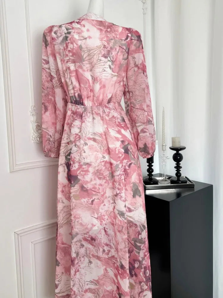 Aiertu Fashion New Women Floral Casual Midi Pink Dress Summer Elegant Chic Bandage A-Line Party Beach Maxi Vestidos Female Robe Clothes Aiertu