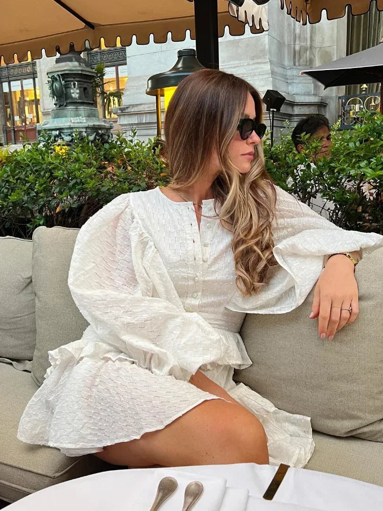 Aiertu Elegant Solid Ruffles Spliced Mini Dress For Women O Neck Long Lantern Sleeve Pleated Vestidos Summer Lady Party Street Dresses Aiertu