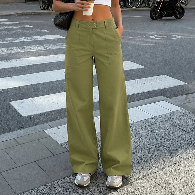 AIERTU  -  Harajuku Street Low Waist Green Slimming Club Wide Leg Trousers Simple Versatile Commuting Pockets Pants for Women Aiertu