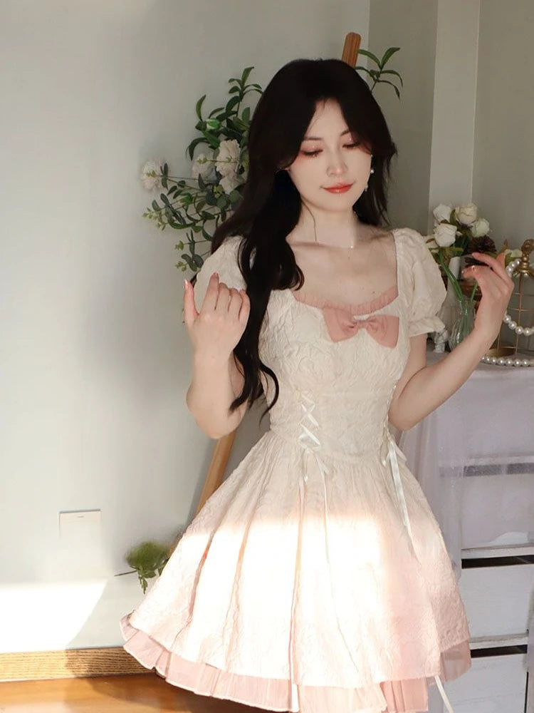 Aiertu Bubble Sleeve Kawaii Lolita Mini Dress Women Pink Bow Princess Sweet Party Cute Dress A-Line Elegant Fairy Dress 2024 Spring New Aiertu
