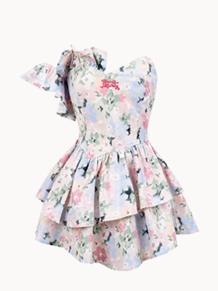 Aiertu French Design Floral Strapless Dress Women Summer New Holiday Casual Y2k Dress Female Fashion Slimming Irregular Mini Dress 2024 Aiertu