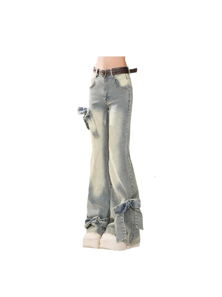 Aiertu Women's Blue Bow Flare Jeans Harajuku 90s Aesthetic Streetwear Baggy Denim Trousers Y2k Jean Pants Vintage 2000s Trashy Clothes Aiertu