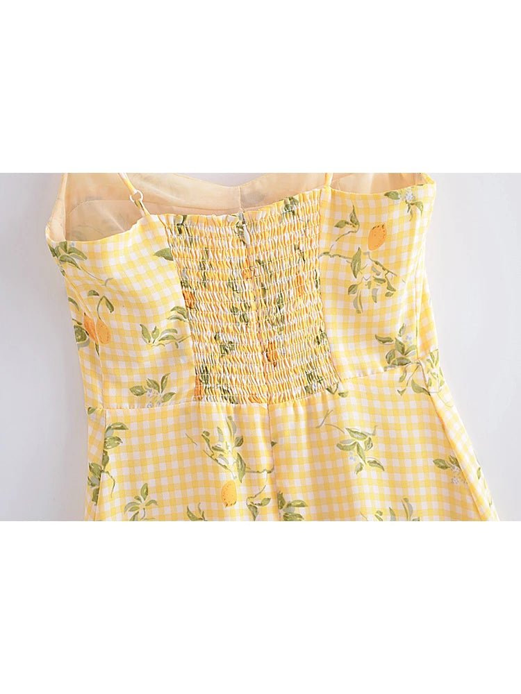 Aiertu  Summer Women French Style Prairie Chic Plaid Flower Print Sexy Sling Dress Vintage Ladies A-line Short Chiffon Sundress Aiertu