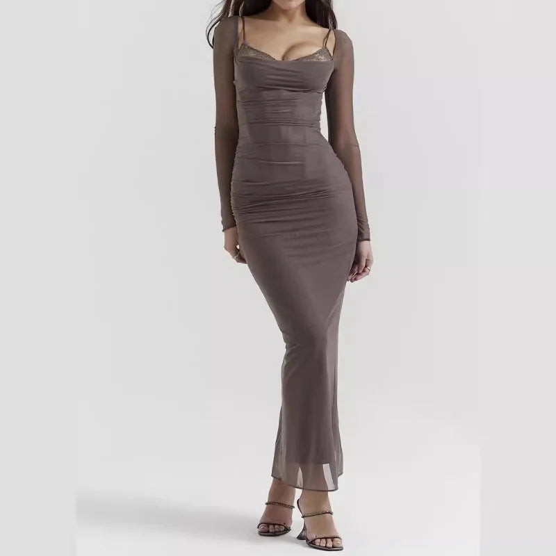 AIERTU  -  Spring Summer Fashion Long Sleeve Mesh Dress High End Slim Temperament Slit Long Dress Aiertu