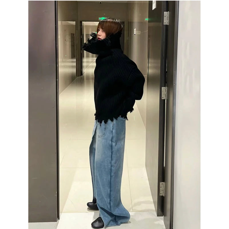 Aiertu Women's Retro Wide Leg Baggy Casual Denim Trouser Harajuku Vintage High Waist Loose Jeans 2024 Spring Fashion Blue Pants Aiertu