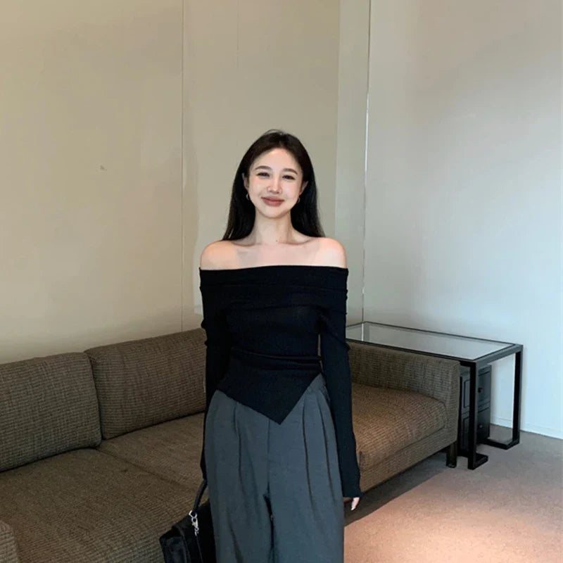 Aiertu Y2K Korean Women Pullover Sweet Knitted Slim Off Shoulder Long Sleeve Female Sweater Autumn New Irregulate Ladies Casual Jumpers aiertu