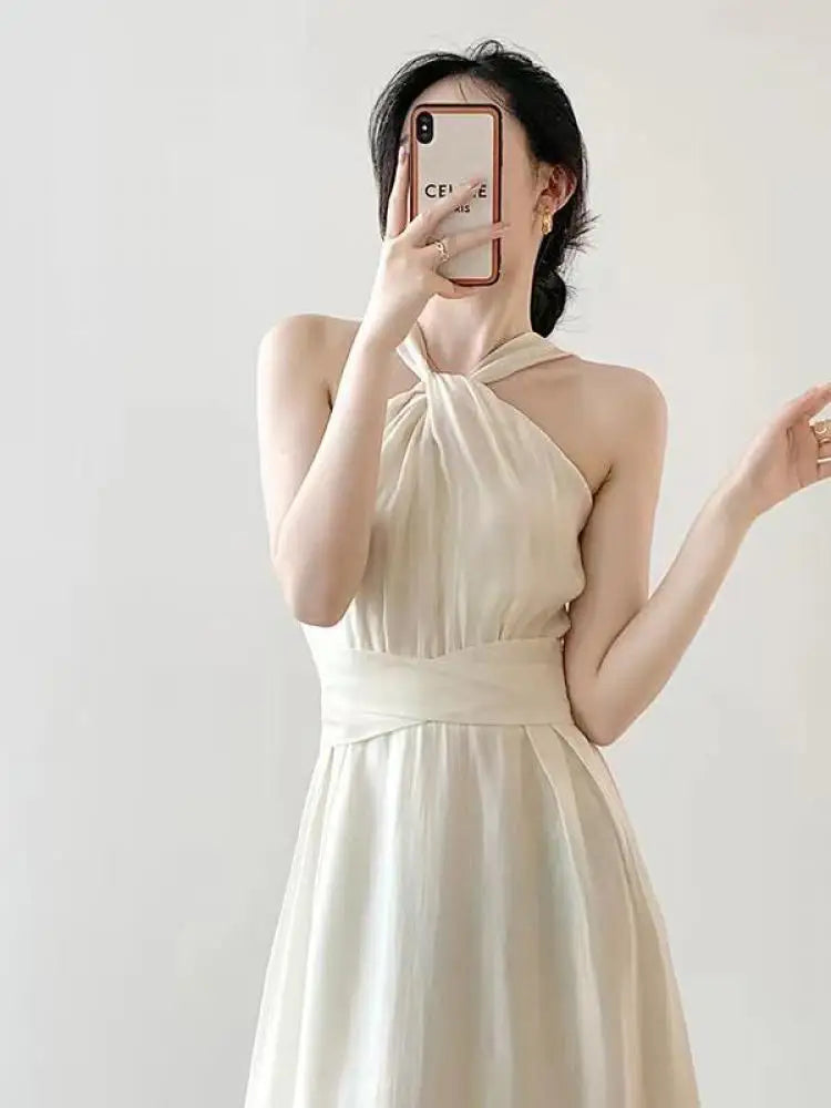Aiertu Woman Beach Vacation Dress Sleeveless Sexy Halter Solid Korean Fashion Summer New Elegant Midi Sexy Club Dresses French Backless Aiertu