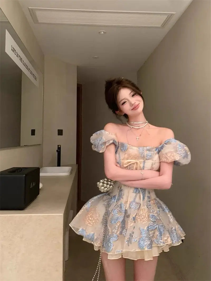 Aiertu French Style Elegant Dresses Socialite Jacquard One Shoulder Short Sleeved Dress Summer Waistband A-line Fluffy Vestido Aiertu