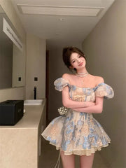 Aiertu French Style Elegant Dresses Socialite Jacquard One Shoulder Short Sleeved Dress Summer Waistband A-line Fluffy Vestido Aiertu