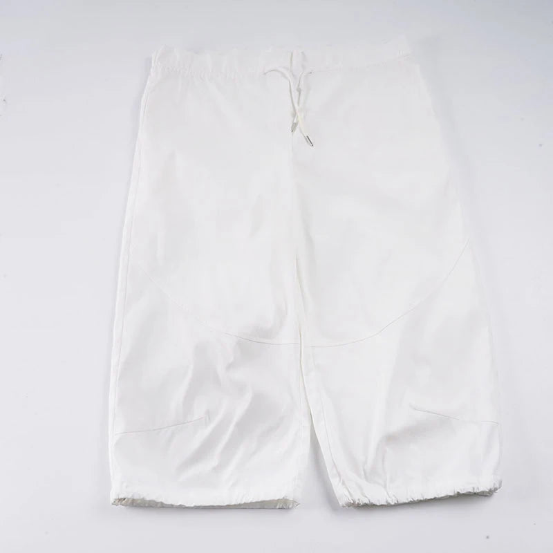 AIERTU  -  Street Style Casual Pure White Drawstring Calf-length Cargo Pants Ruched High Waist Fungus Edge Elastic Fashion Loose Pants Aiertu