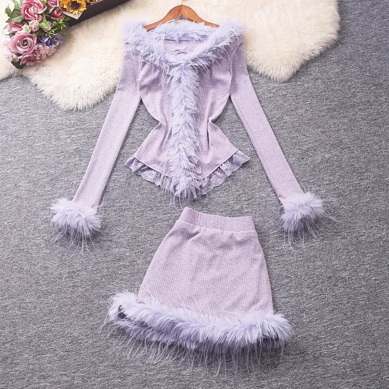 AIERTU  -  Y2k Purple Skirts Sets Autumn Winter V Neck Two Pieces Set Women Outfits Korean Fashion Retro Elegant Conjunto Femenino Aiertu