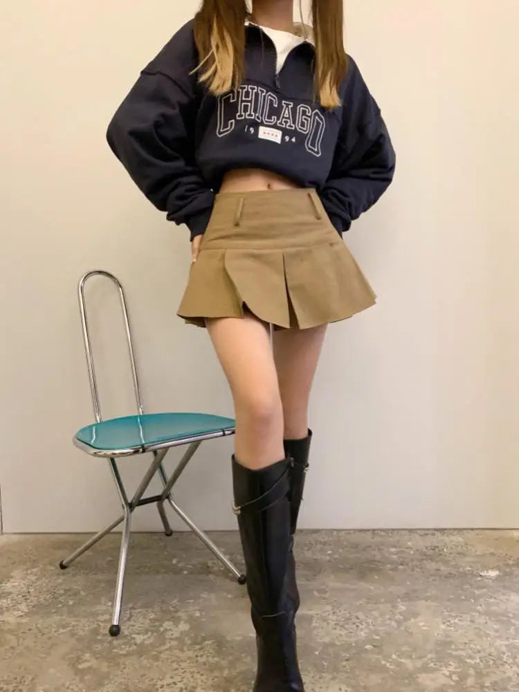 Aiertu Autumn Vintage Brown Elegant A-line Mini Skirts Women Pleated Sexy Club Short Skirt Female Fashion Streetwear Trend Popular Aiertu