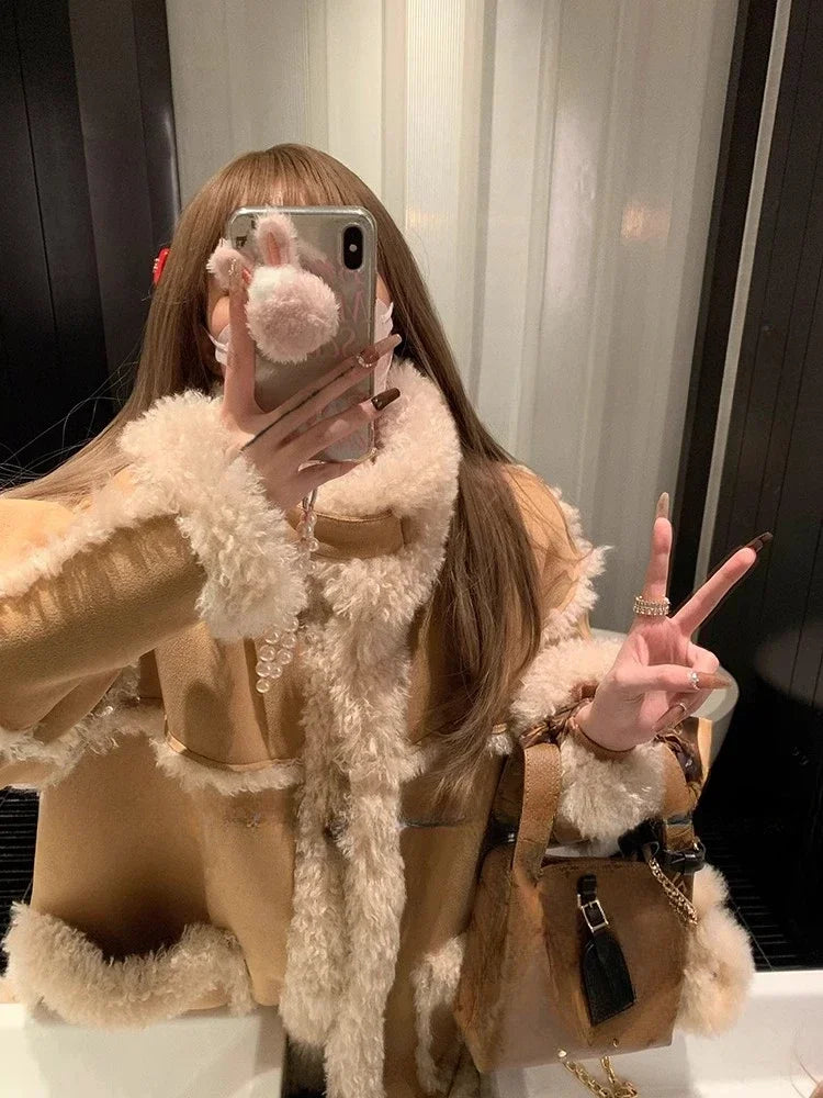 Aiertu Winter Warm Overcoats Women Outwear Casual Y2k Office Lady Vintage Faux Fur Wool Coat Ladies Korean Fashion Khaki Jackets Chic Aiertu