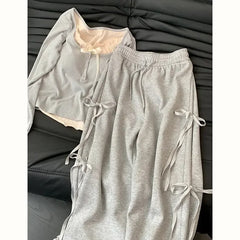 Aiertu Korean Spring Wear Grey Casual Top Female 2024 New Bow Design Super Sweet High Waist Slim Wide-leg Pants Two-piece Set Aiertu