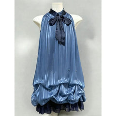 AIERTU  -  New Dark Blue Vintage Vintage Wearing A Bow and A Thin Dress Aiertu