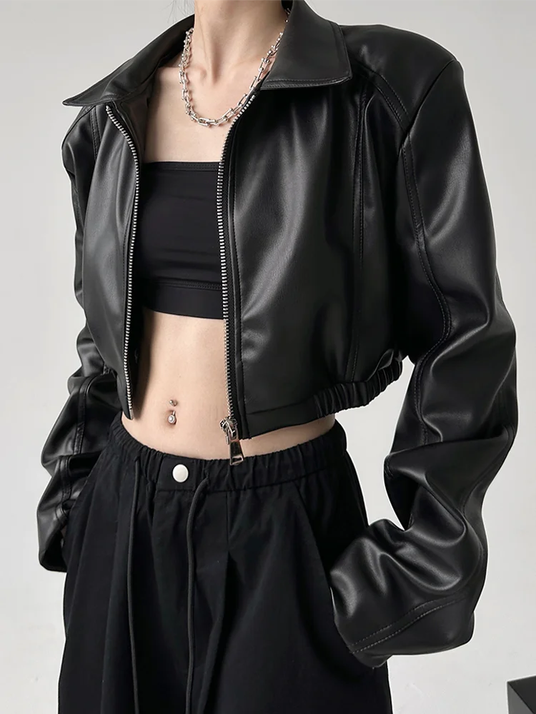Aiertu Jackets PU Leather Women Black Lapel Long Sleeve Crop Coats American Retro Streetwear Zipper Fashion Casual Female Outerwear Aiertu