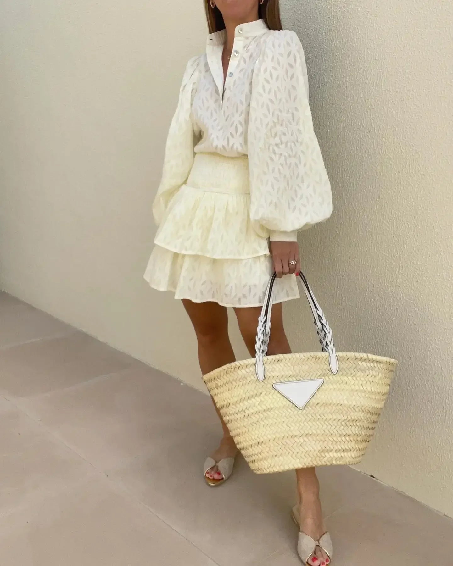 Aiertu Elegant Solid Ruffles Spliced Mini Dress For Women O Neck Long Lantern Sleeve Pleated Vestidos Summer Lady Party Street Dresses Aiertu