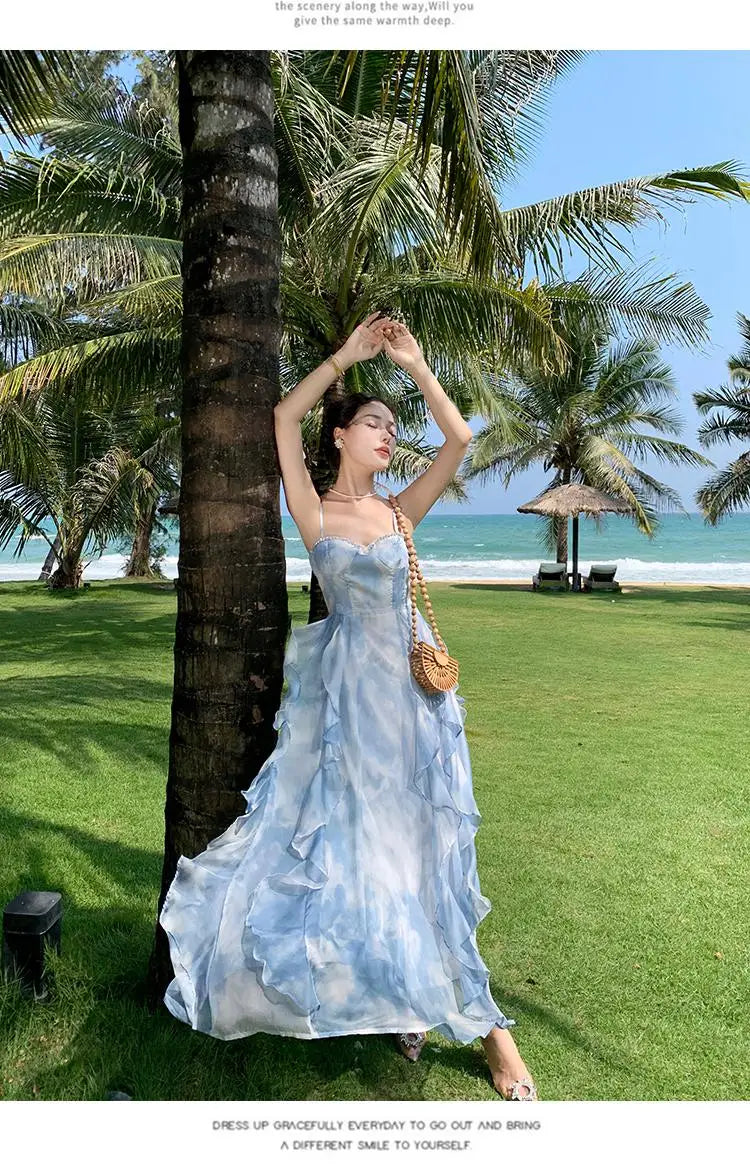 Aiertu Summer Elegant Sleeveless Backless A-line Slip Dress Retro Blue Tie Dye Slim Ruffles Irregular Party Long Dresses For Women Aiertu