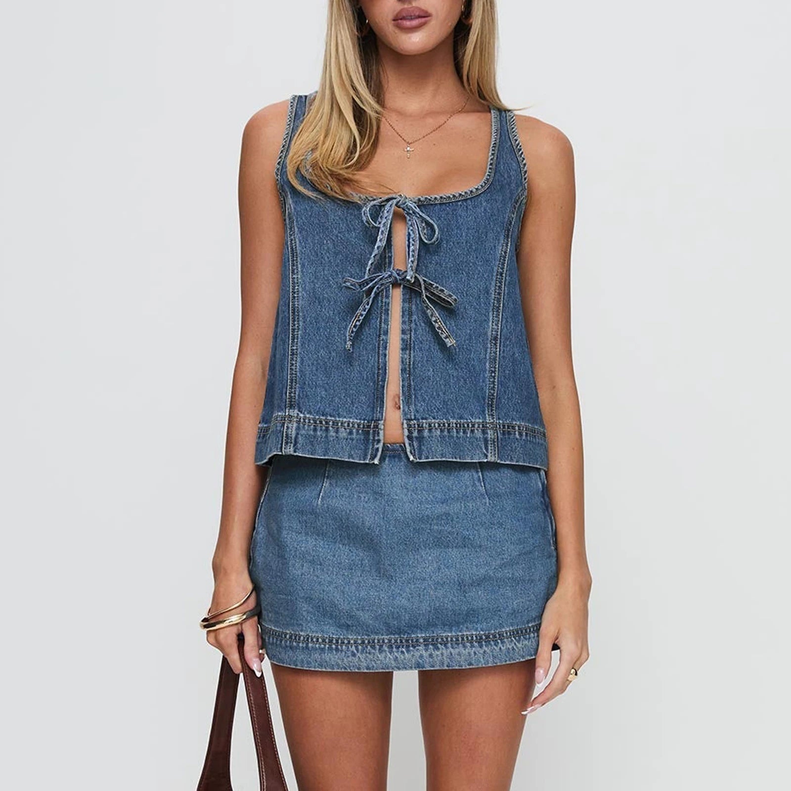 AIERTU  -  Women's Tie Front Denim Jean Vest Top and Mini Skirt 2-Piece Set Summer Trendy Going Out Outfits Clothes Summer Chic Streetwear Aiertu