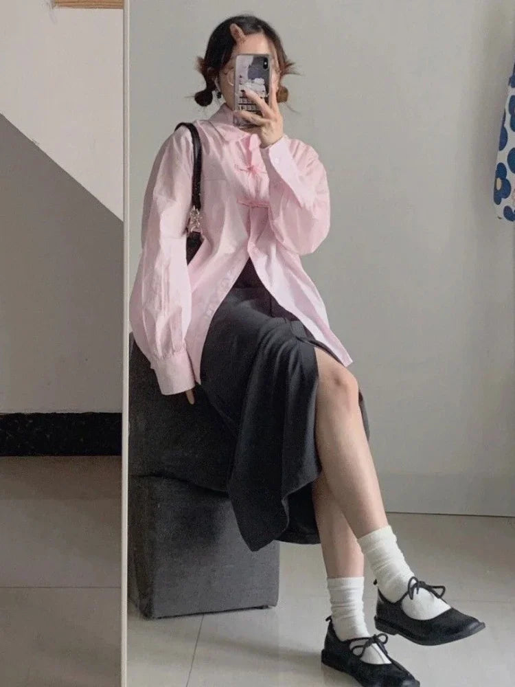 Aiertu Chinese Harajuku Fashion Button Design Loose Long Sleeve Blouse Women Casual All Match Vintage Shirt Y2k Aesthetic Blusa Aiertu
