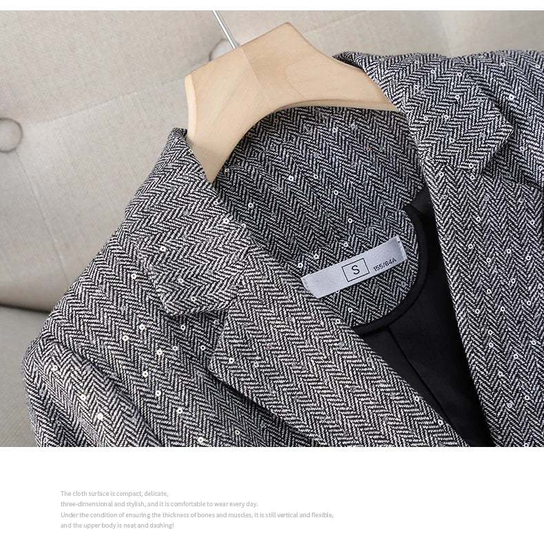 Aiertu 2024 Autumn Retro Gray Splice Plaid Sequins Blazers Coat For Women Brown Elegant Business Vintage Ladies Suit Jacket Fashion Y2k Aiertu