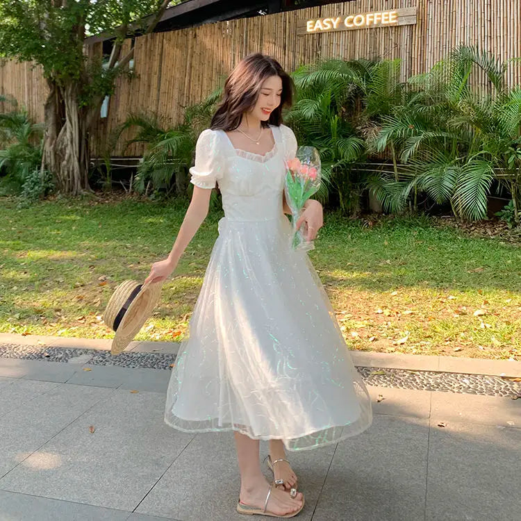 Aiertu Women Sweet Pink Puff Sleeve A-line Mini Dress Female Mesh  Square Collar Holiday Dress Shiny Girl Design Dress Aiertu